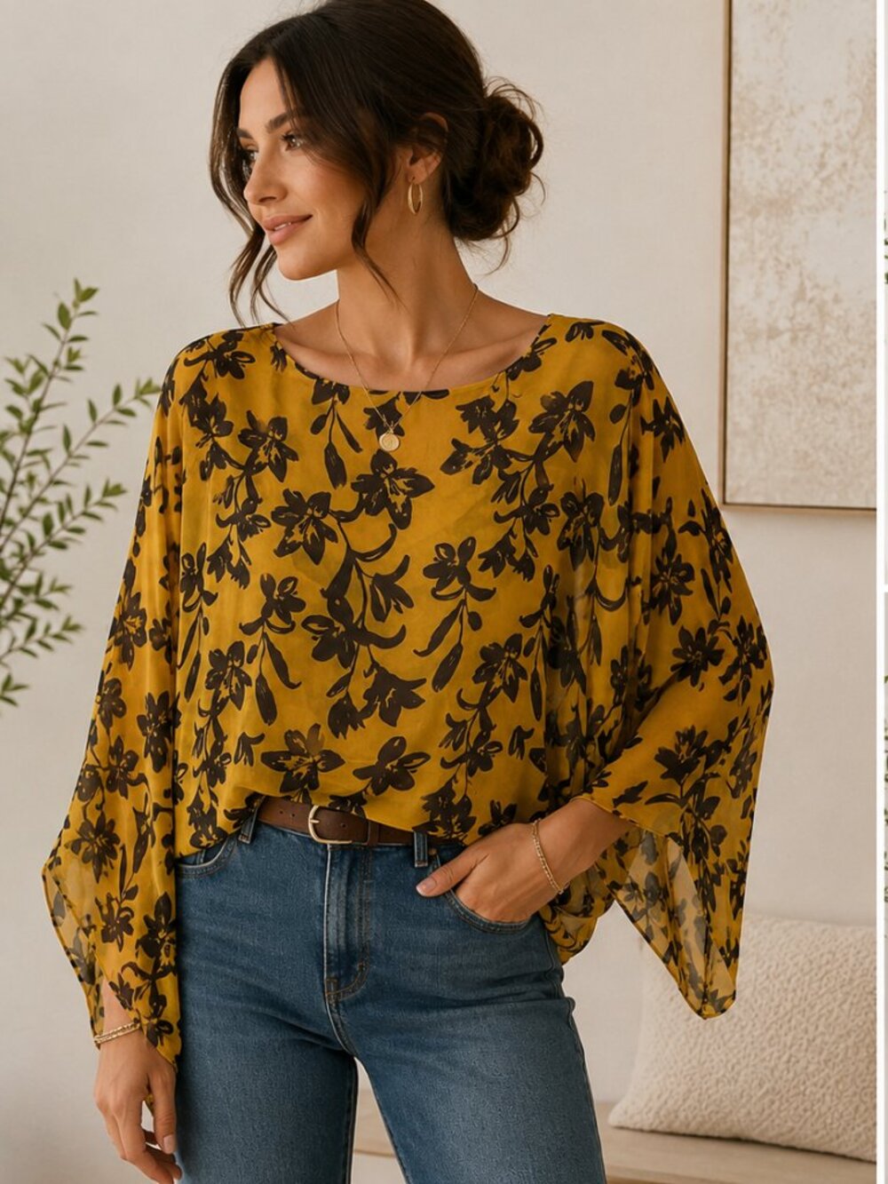NWT Silk Blend Italian Mustard Floral Batwing Top | Viola Borghi | Made in Italy